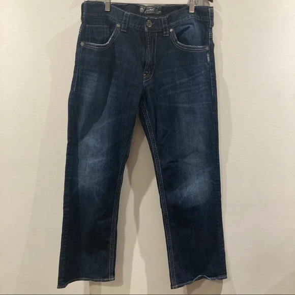 SILVER Jeans Gordie Sz 36 x 32 Distressed Hem Dark Wash - Picture 1 of 8